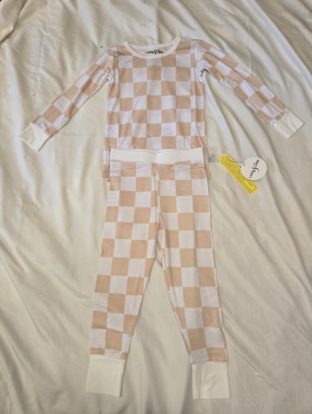 NWT Lush & Luna Bamboo Pajama Set Checkerboard- White & Beige